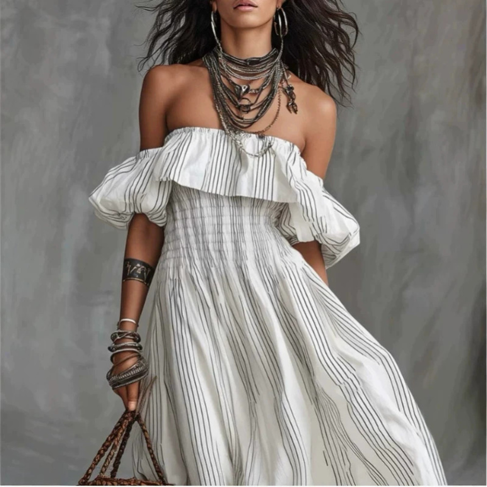 Chic Flowy White Pinstripe Vacation Maxi Dress